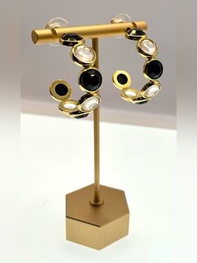 Vintage Monet Black Clear Faceted Crystal Open Hoop Earrings Gold Tone Statement